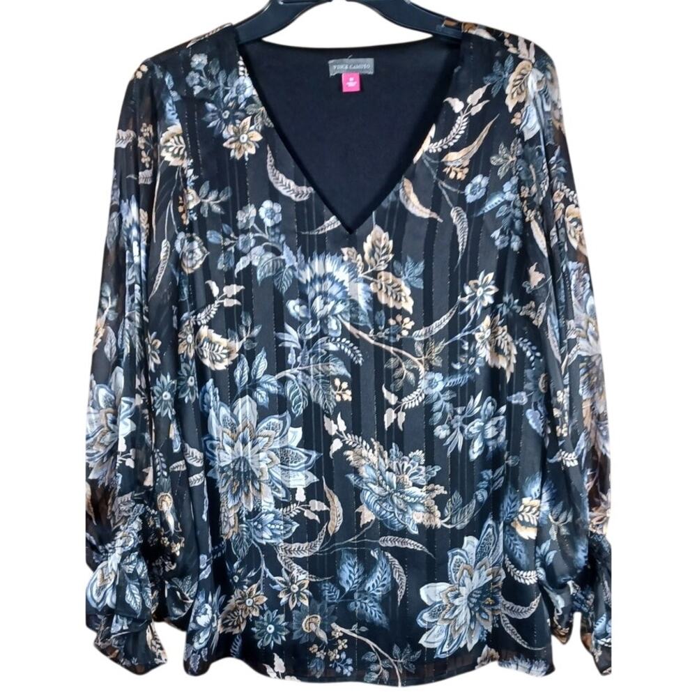 Vince Camuto Size M Floral Balloon Sleeve Top Sheer Chiffon Gold Lurex Stripes